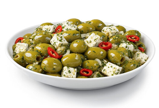 A delicious plate filled with green olives, feta cheese cubes, and slices of red chili peppers. Perfect for appetizers or Mediterranean dishes.