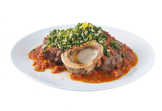 A savory meat dish topped with fresh herbs and a rich tomato sauce. Perfect for gourmet dining and culinary presentations.