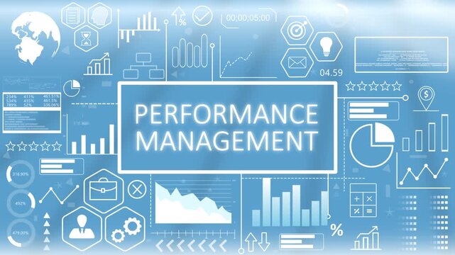 Performance Management, Hologram Concept Virtual Reality.Corporate performance management concept display with glowing development metrics and quality optimization charts on a blue screen.