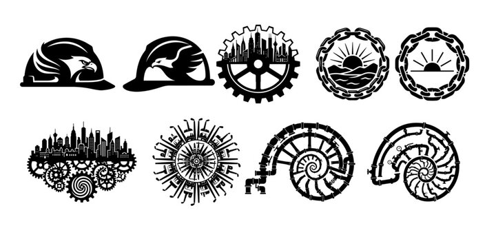 Steampunk and industrial logo collection with eagle cityscape and nautilus elements