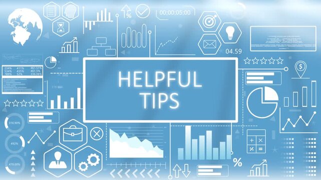 Helpful Tips, Animated Typography,Helpful tips presentation screen featuring a glowing blue digital business interface with abstract optimization charts.