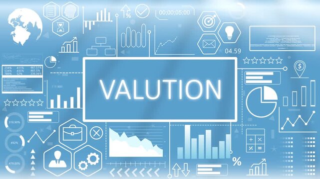 Valuation, Animated Typography.Corporate valuation dashboard concept showing financial asset pricing and business market worth metrics on a blue graphic screen.