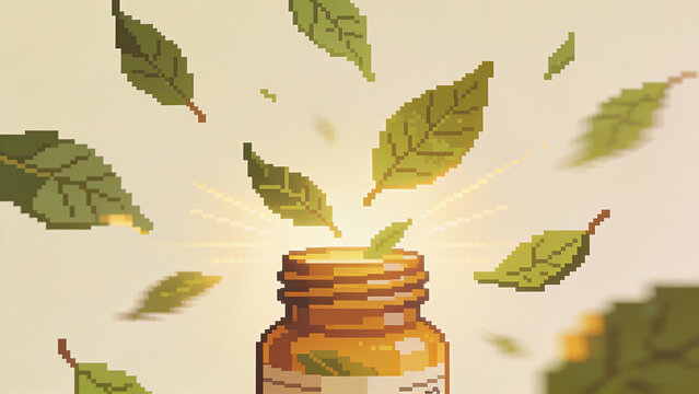 Pixel art illustration of a brown bottle releasing glowing essence and green leaves into the air.