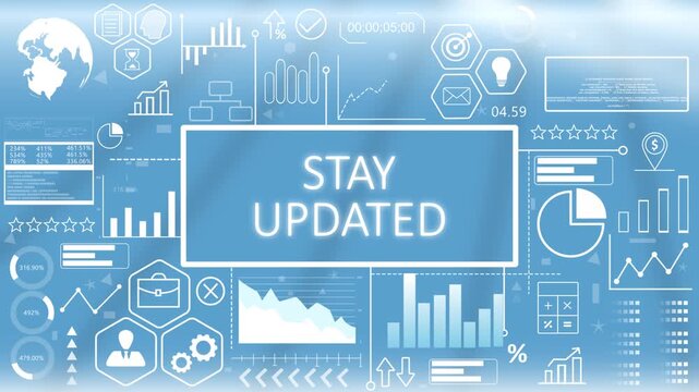 Stay Updated, Animated Typography.Stay updated newsletter and notification dashboard concept with glowing blue business interface and real-time news delivery metrics.