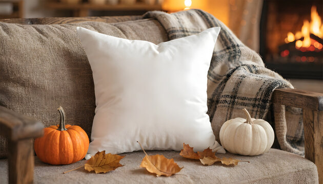 Cozy autumnal scene with white pillow and pumpkins on a sofa by a fireplace with fall leaves