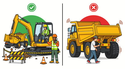 Obraz premium Excavator operator and pedestrian demonstrate proper safety distances versus dangerous proximity near heavy machinery.