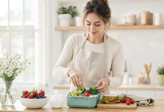 A young woman prepares a healthy lunch with vegetables and fruit in a bright kitchen with natural light. She arranges salad and sandwiches on a wooden counter near window light.