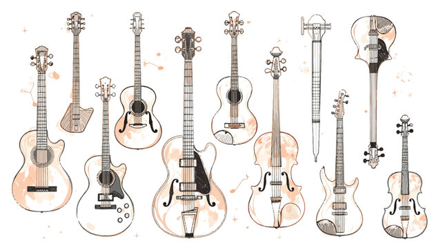 A collection of detailed musical string instruments including guitars, violins, and cellos, illustrated in a sketch style and isolated on a white background.