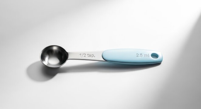 Close up of a stainless steel measuring spoon against a bright background