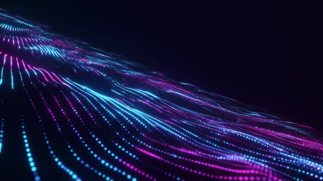 Elegant cyber energy ribbons of glowing micro particles flow through a matte black background with blue and magenta light pulses, creating a futuristic luxury technology scene with copy space.