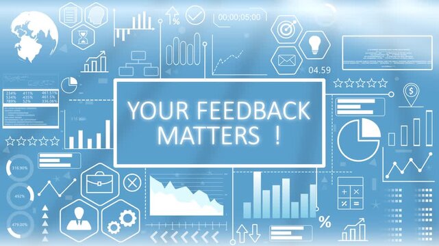 Your Feedback Matters, Animated Typography.Digital customer feedback evaluation screen featuring a glowing blue business interface with abstract survey performance charts.