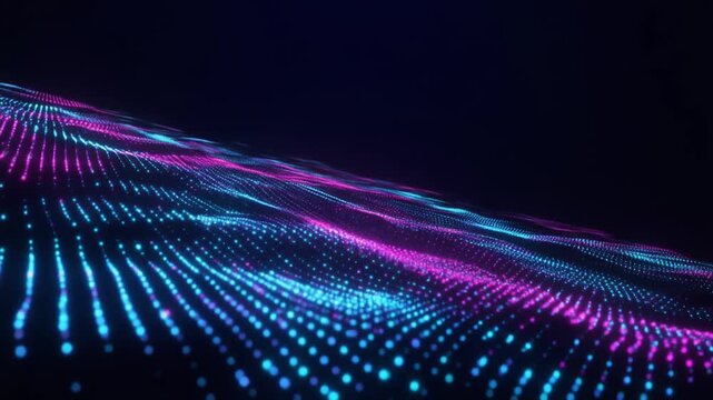 Elegant cyber energy ribbons of glowing micro particles flow through a matte black background with blue and magenta light pulses, creating a futuristic luxury technology scene with copy space.