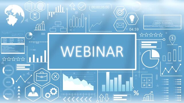 Webinar, Animated Typography.Webinar and virtual workshop presentation screen featuring a glowing blue digital business interface with abstract training charts.