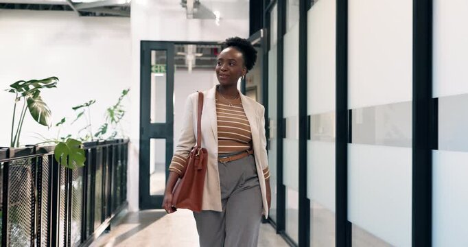 Creative, business or black woman walking in office building for work arrival or start in workplace. Female person, employee or commute with smile in entrance for punctuality or time management