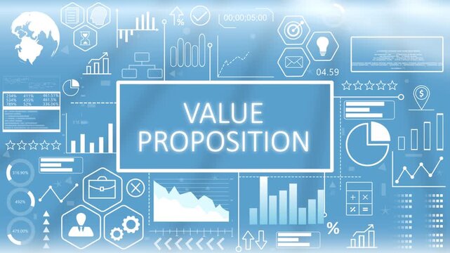 Value Proposition, Hologram Concept Virtual Reality.Business value proposition dashboard concept showing marketing strategy formulation and customer benefit metrics on a blue graphic screen.