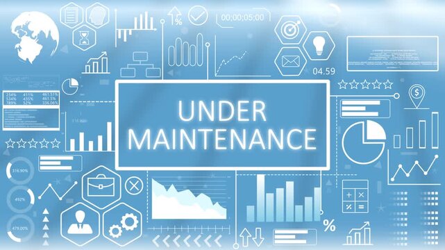 Under Maintenance, Hologram Concept Virtual Reality.Website under maintenance information screen showing database update and system repair metrics on a blue graphic dashboard.