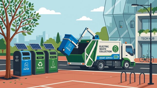 Modern electric waste collection truck emptying smart recycling bins in urban eco friendly area with set against bright urban backdrop solar panels greenery