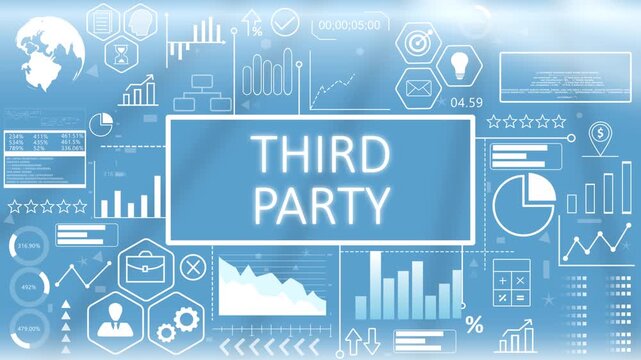 Third Party, Hologram Concept Virtual Reality.Third party vendor integration and corporate compliance dashboard concept showing risk evaluation metrics on a blue graphic screen.