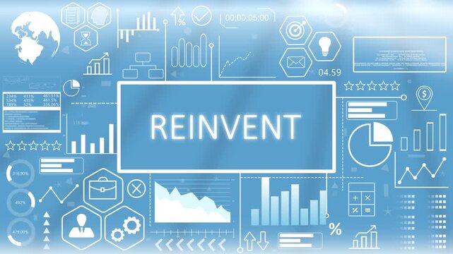 Reinvent, Hologram Concept Virtual Reality.Corporate reinvent business strategy concept display with glowing innovation metrics and organizational transformation charts on a blue screen.
