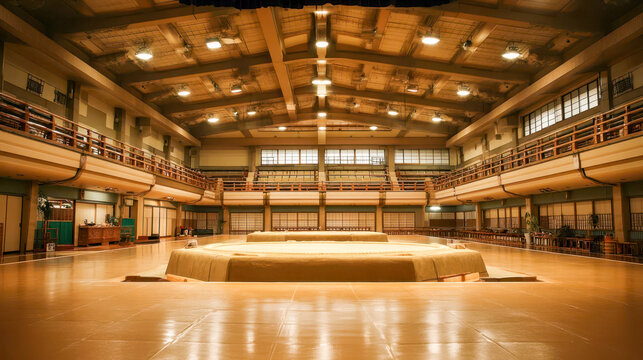 Wide angle shot of an empty sumo ring in a large training hall during daylight hours