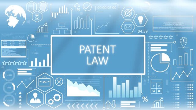Patent Law, Hologram Concept Virtual Reality.Corporate patent law and intellectual property dashboard concept showing legal protection standards and compliance metrics on a blue graphic screen.