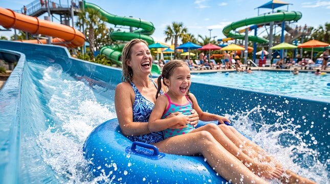 Mother and daughter laughing on blue inner tube descending waterslide at sunny park