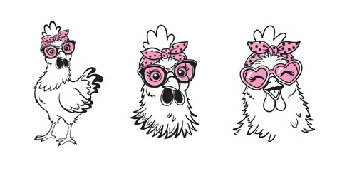 Fototapeta premium Cute chicken characters set funny cartoon hen with pink sunglasses and bandana vector illustration isolated on white background