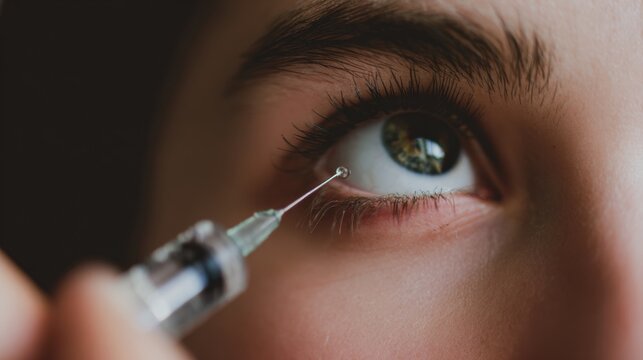 Person receiving injection near the eye in a clinical setting