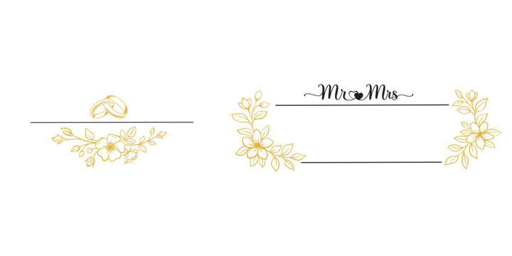 Wedding gold floral frame monogram set elegant line art text divider with ring and Mr and Mrs calligraphy vector illustration isolated on white background