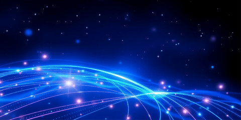 Fototapeta premium Abstract Blue Space Background with Glowing Stars Bright Energy Waves and Futuristic Galaxy Night Sky Illustration Wallpaper