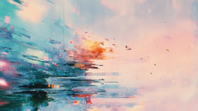 Colorful abstract art showing blended shapes and movement near a water body
