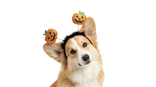 Corgi dog wearing Halloween pumpkin headband