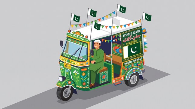 Colorful three wheel vehicle celebrating national holiday with decorative flags with intricate designs celebrating vehicle adorned patriotic