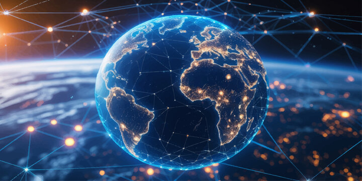 Glowing Planet Earth in Space with Digital Global Network and Blue Universe Background for Technology, Business, Communication and Worldwide Connection Concept