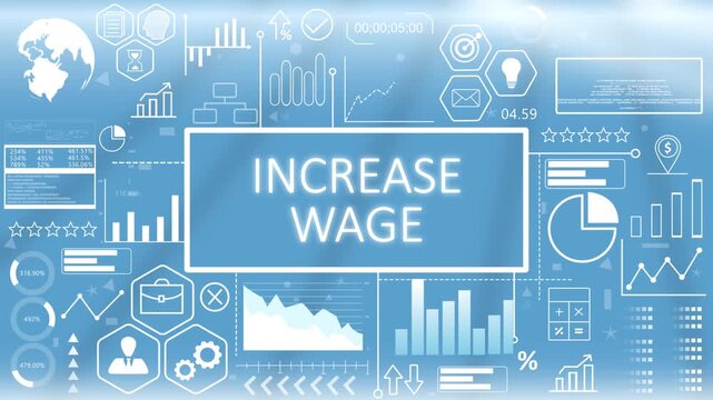Increase Wage, Animated Typography Hologram.Corporate increase wage policy and employee compensation dashboard concept showing labor management metrics on a blue graphic screen.