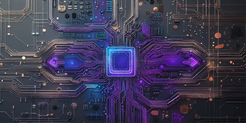 Fototapeta premium Abstract Blue Circuit Board Background with Microchip Processor and Digital PCB Technology Concept for Computer Hardware Engineering and Electronic Communication Design