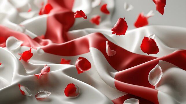 Flowing wrinkled red and white satin textile, floating delicate rose petals, silky soft fabric texture, romantic elegant backdrop for wedding stationery, anniversary and celebration,England soccer