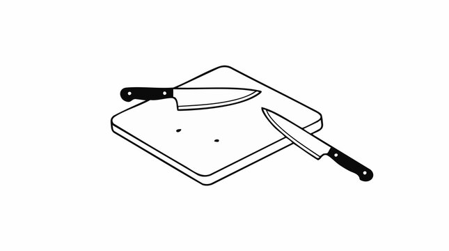 Kitchen knives, garlic, and parsley on a cutting board, line art illustration