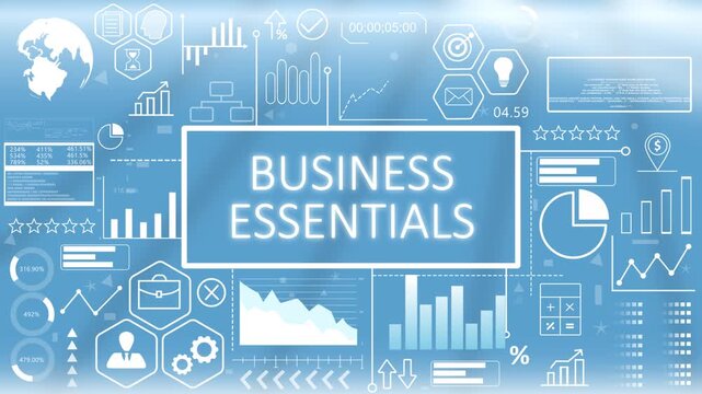 Business Essentials, Animated Typography.Corporate business essentials dashboard concept displaying key strategic components and foundational organization metrics on a blue graphic screen.