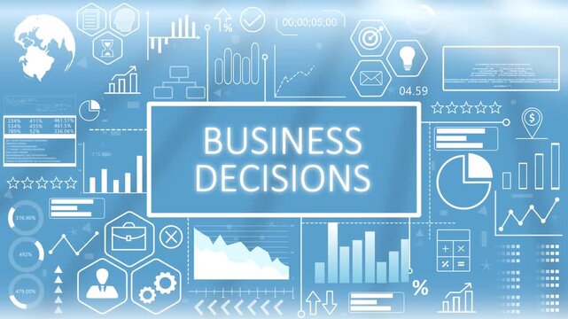 Business Decisions, Animated Typography.Corporate business decisions analytics dashboard concept showing data-driven strategy formulation and risk assessment metrics on a blue graphic screen.