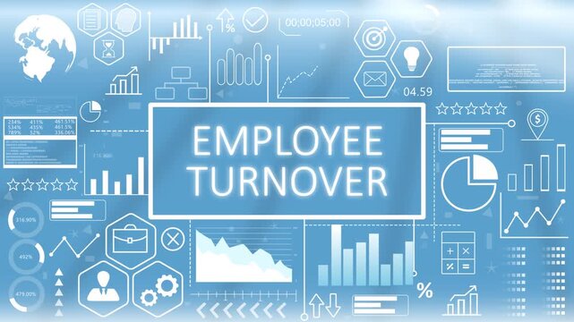 Employee Turnover, Animated Typography.Corporate human resources employee turnover dashboard concept showing workforce retention and staff replacement metrics on a blue graphic screen.