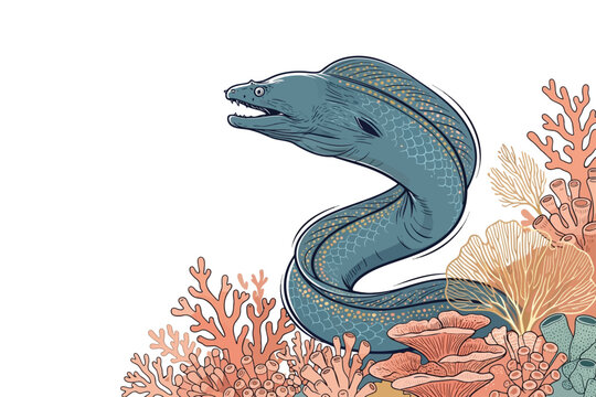 An illustration of a moray eel swimming amongst vibrant coral reef structures. The eel is depicted with intricate scale details and an open mouth.