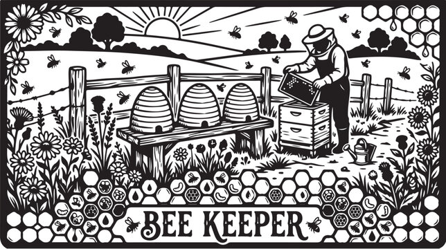 Bee keeper, beekeeper, apiarist, apiary, black and white, illustration, vector