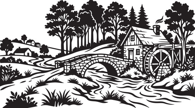 Black and white, vintage mill scene, stone bridge, water wheel, rural landscape vector illustration