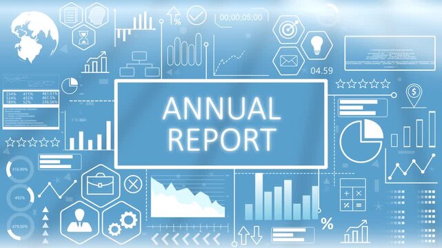 Annual Report, Animated Typography.Corporate annual report financial performance dashboard template with glowing blue digital interface and business growth charts.