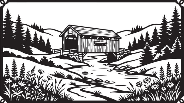 Black and white, vintage wooden covered bridge, rural landscape, illustration, vector graphic