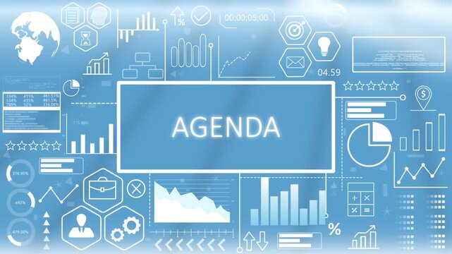 Agenda, Animated Typography,Business agenda meeting schedule dashboard concept displaying project timelines and corporate planning metrics on a blue screen.