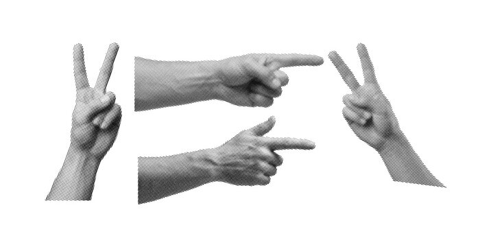 Halftone Hand Gesture Vector Set with Peace Sign and Pointing Finger Elements