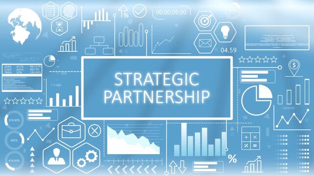 Strategic Partnership, Animated Typography.Corporate strategic partnership and business collaboration dashboard concept showing alliance growth metrics on a blue graphic screen.