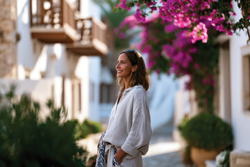 Fototapeta premium A woman stands elegantly in a picturesque coastal alley adorned with vibrant bougainvillea, embodying relaxation and joy amidst serene surroundings and architectural beauty.